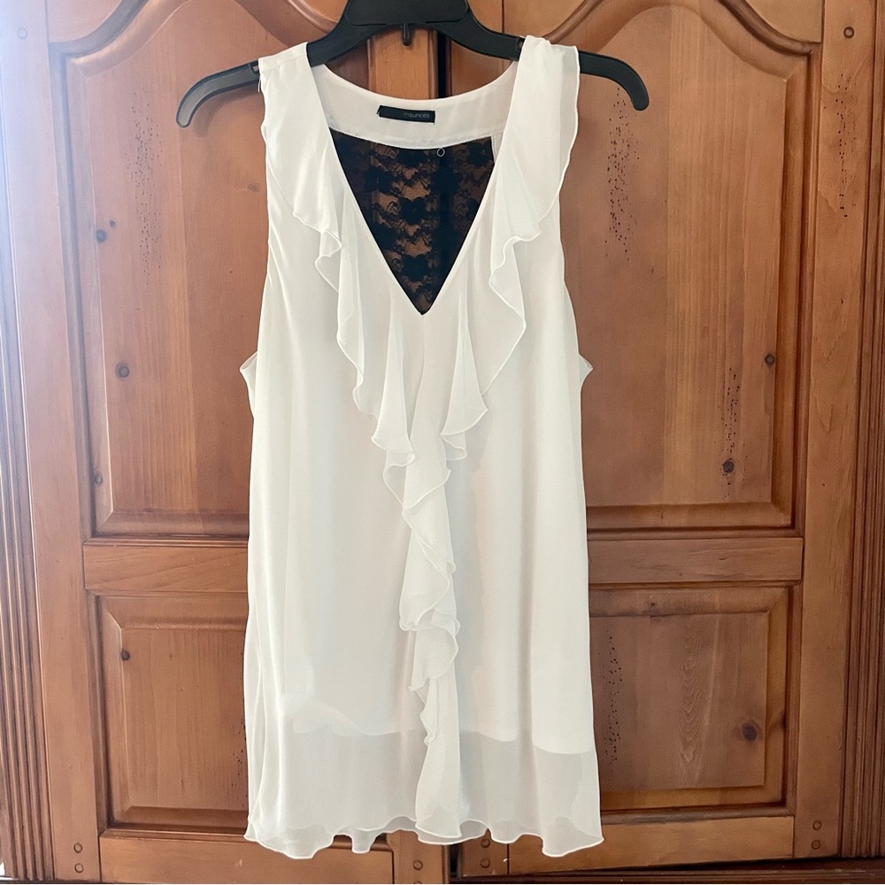 White Ruffle and Black Lace Blouse